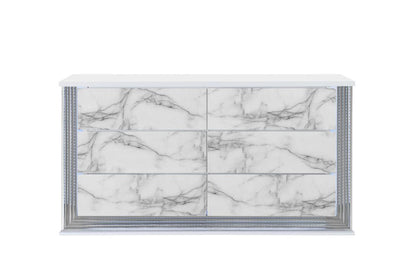 61" White Faux Marble And Wood Lighted Six Drawer Double Dresser
