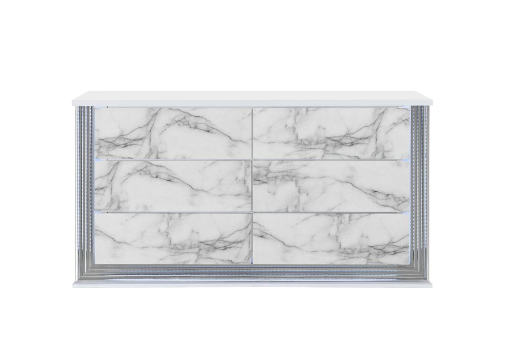 61" White Faux Marble And Wood Lighted Six Drawer Double Dresser HomeRoots