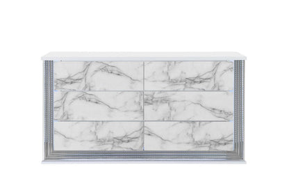 61" White Faux Marble And Wood Lighted Six Drawer Double Dresser HomeRoots