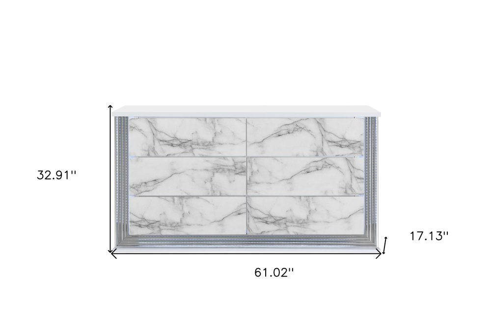 61" White Faux Marble And Wood Lighted Six Drawer Double Dresser HomeRoots