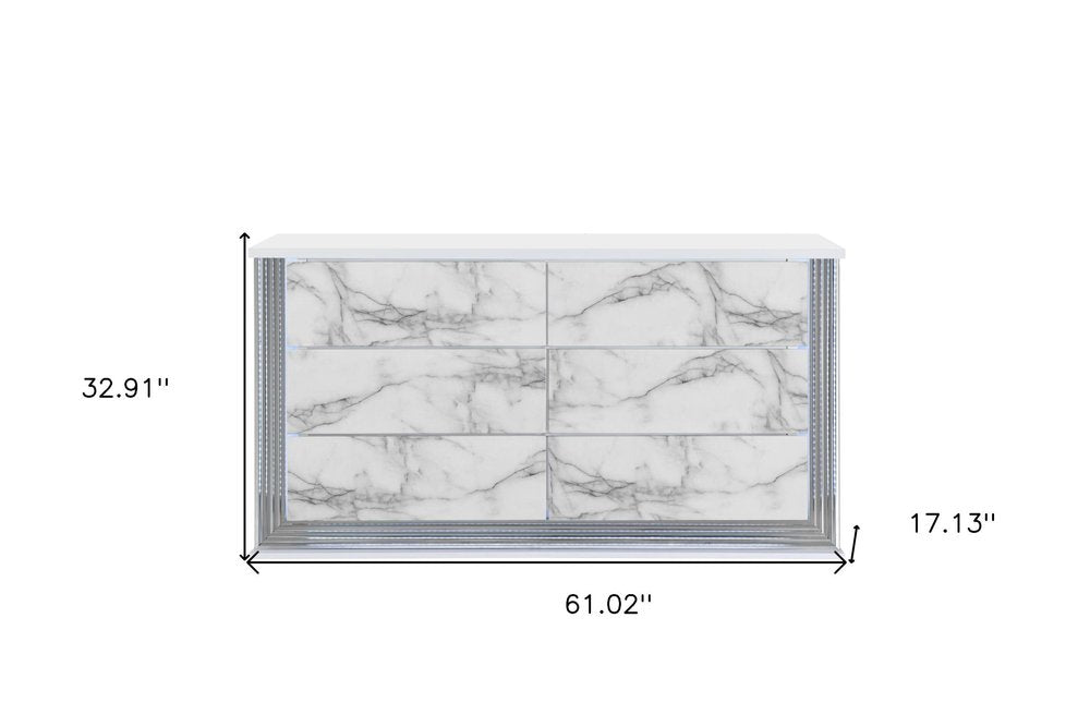 61" White Faux Marble And Wood Lighted Six Drawer Double Dresser HomeRoots
