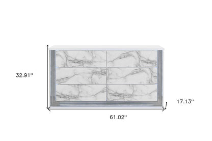 61" White Faux Marble And Wood Lighted Six Drawer Double Dresser HomeRoots