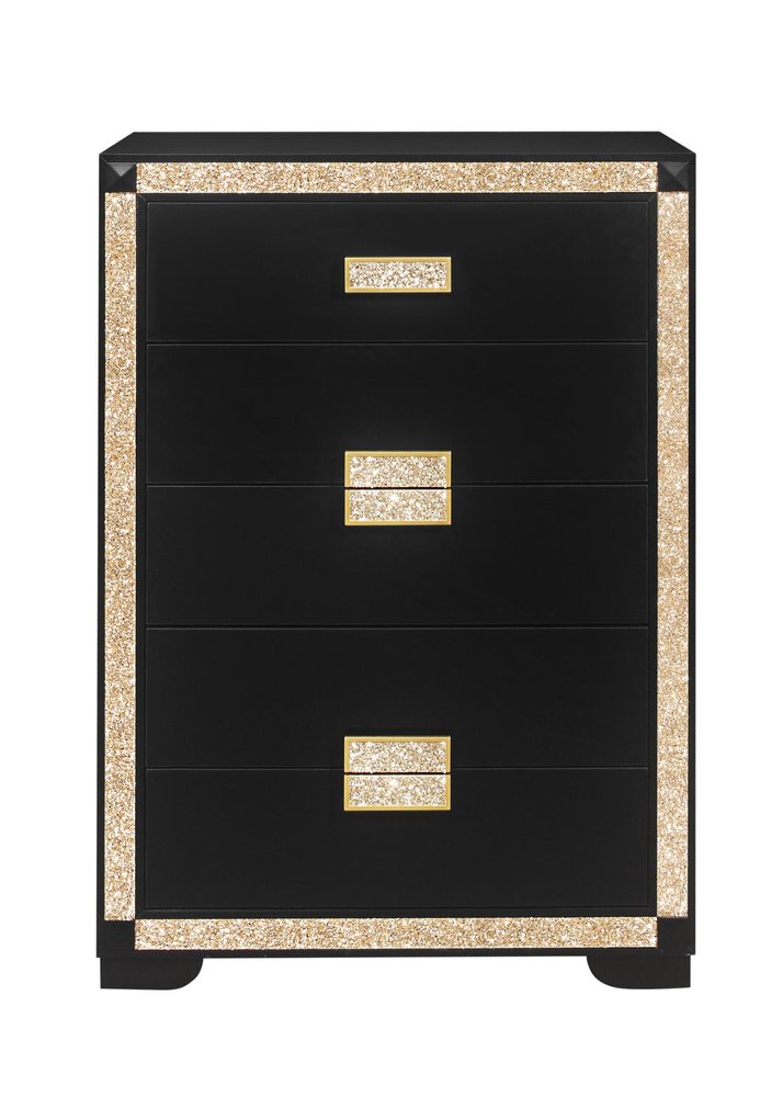 34" Black And Gold Faux Crystal Bling Wood Five Drawer Dresser — view 1