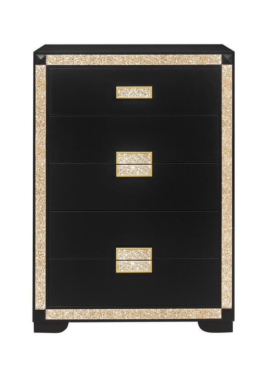34" Black And Gold Faux Crystal Bling Wood Five Drawer Dresser