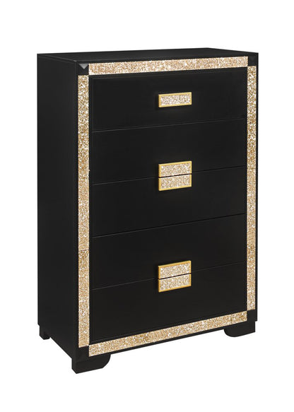 48" Black And Gold Faux Crystal Bling Wood Six Drawer Dresser HomeRoots