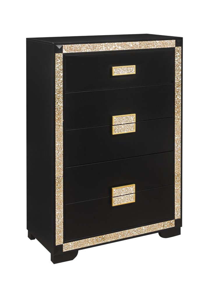 34" Black And Gold Faux Crystal Bling Wood Five Drawer Dresser
