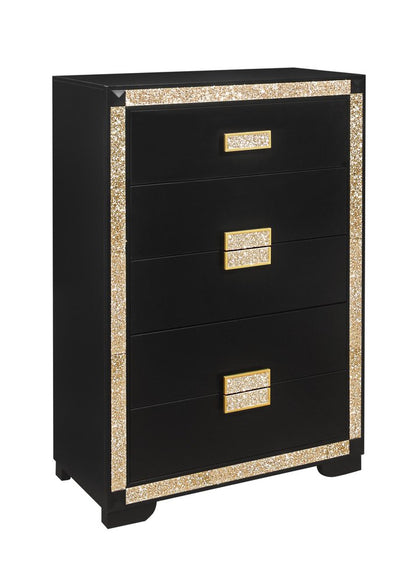 34" Black And Gold Faux Crystal Bling Wood Five Drawer Dresser