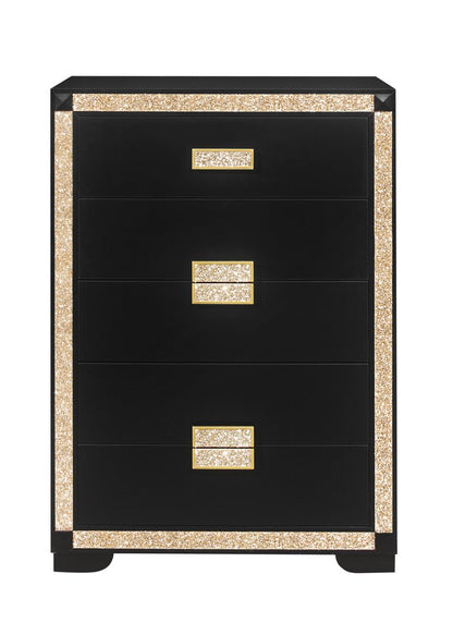 48" Black And Gold Faux Crystal Bling Wood Six Drawer Dresser HomeRoots