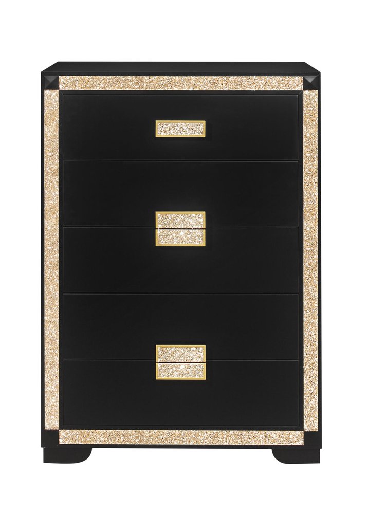 48" Black And Gold Faux Crystal Bling Wood Six Drawer Dresser HomeRoots