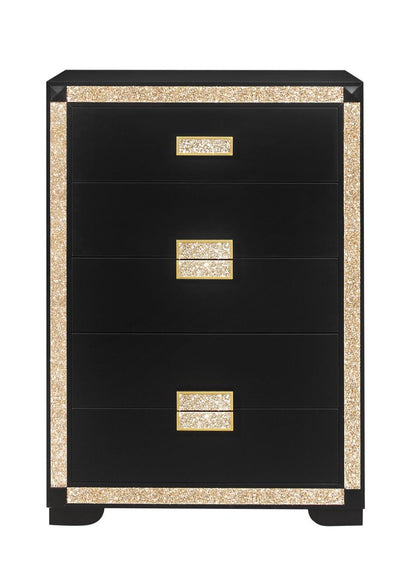 34" Black And Gold Faux Crystal Bling Wood Five Drawer Dresser