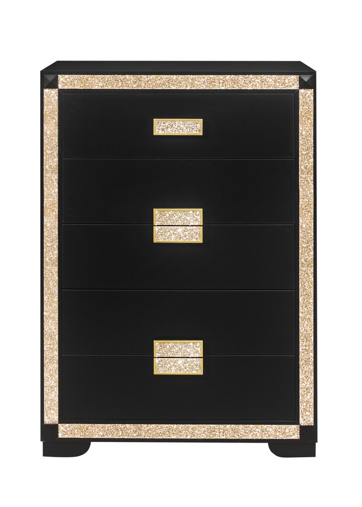 48" Black And Gold Faux Crystal Bling Wood Six Drawer Dresser HomeRoots