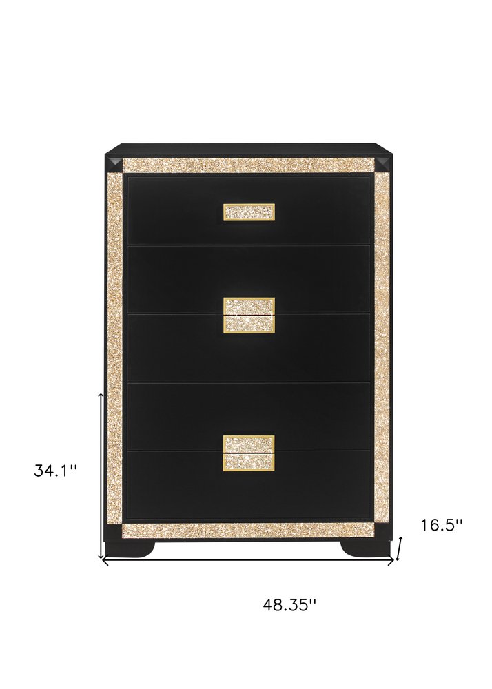 48" Black And Gold Faux Crystal Bling Wood Six Drawer Dresser HomeRoots