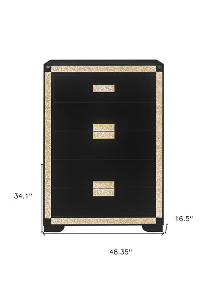 48" Black And Gold Faux Crystal Bling Wood Six Drawer Dresser HomeRoots