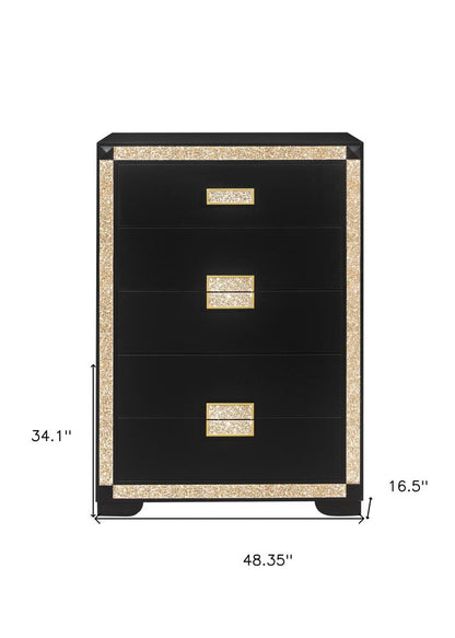 48" Black And Gold Faux Crystal Bling Wood Six Drawer Dresser HomeRoots