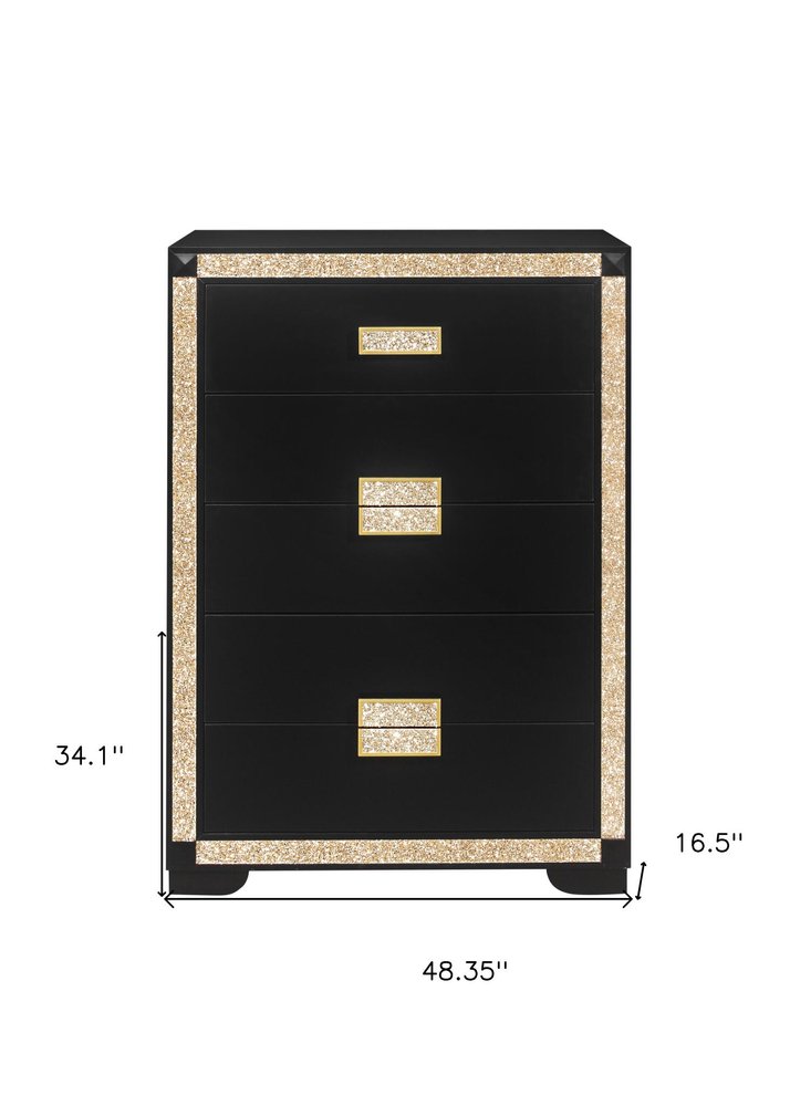 48" Black And Gold Faux Crystal Bling Wood Six Drawer Dresser HomeRoots