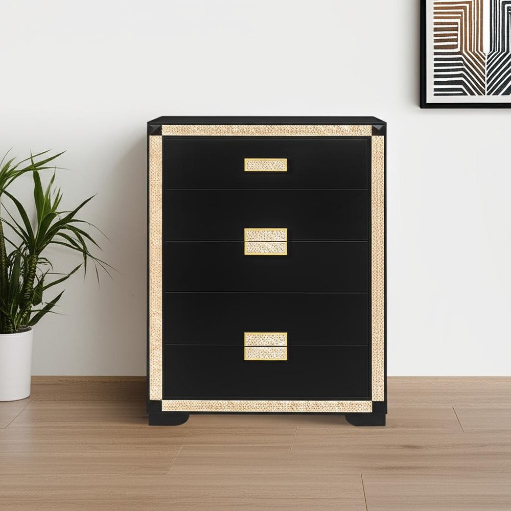 34" Black And Gold Faux Crystal Bling Wood Five Drawer Dresser — view 7