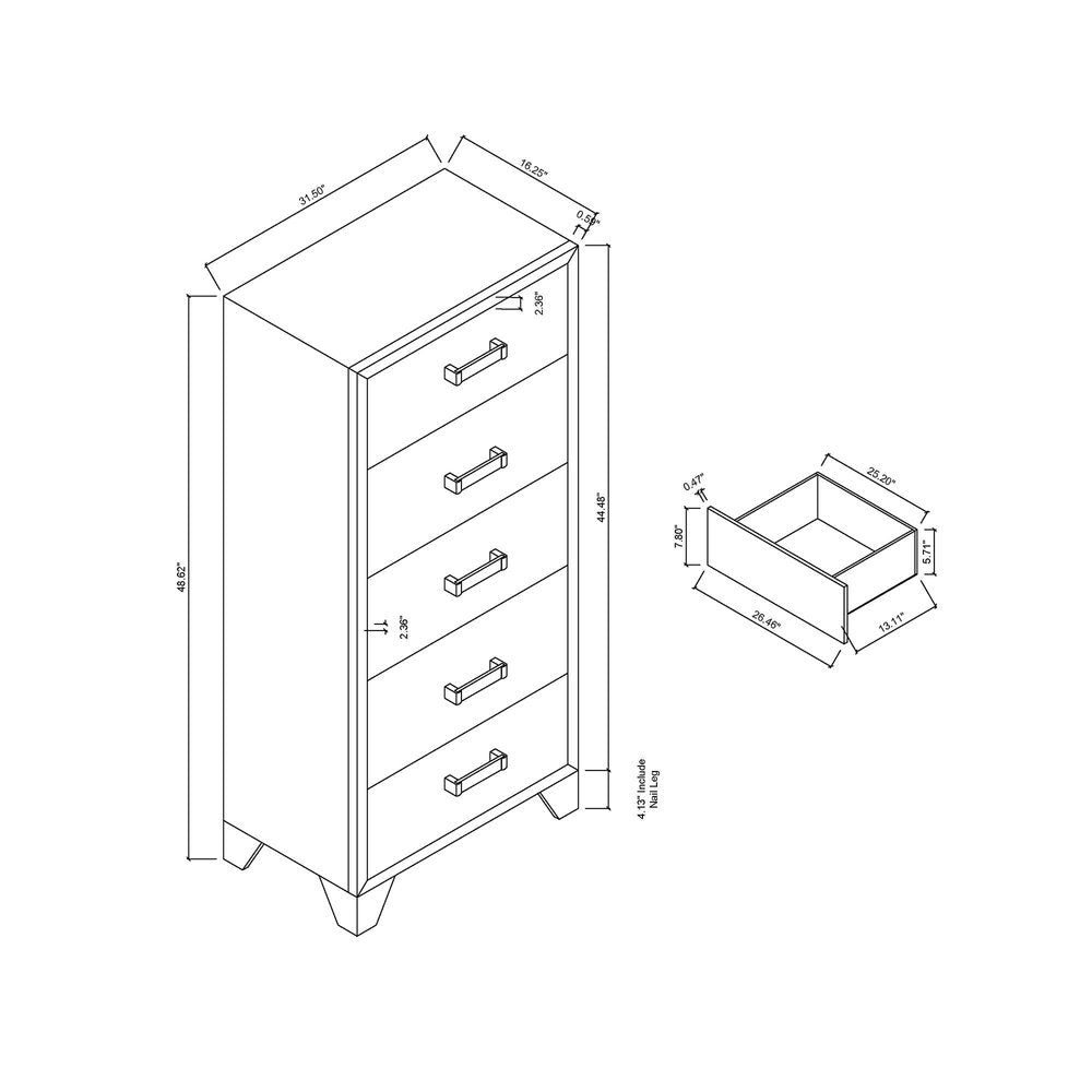 31" White Wood Five Drawer Dresser
