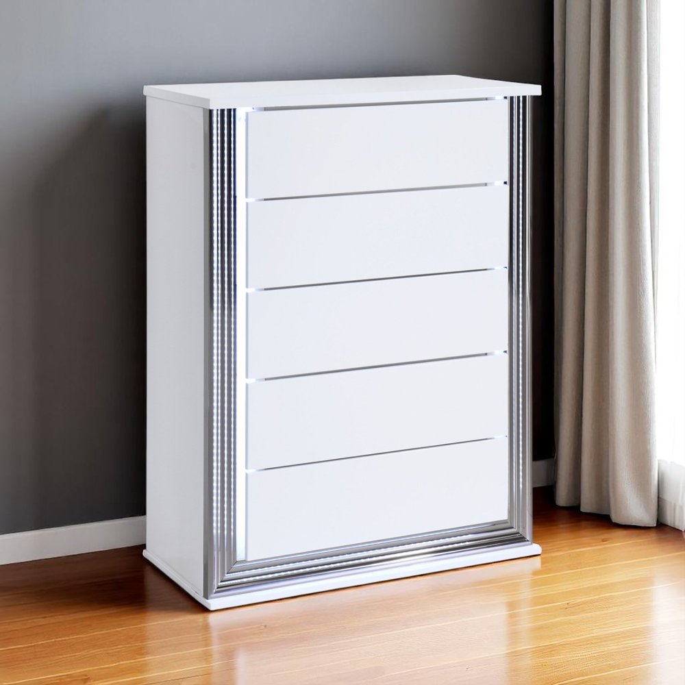 49" White Wood Lighted Five Drawer Dresser HomeRoots