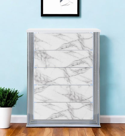 49" Silver And White Wood Faux Marble Lighted Five Drawer Dresser HomeRoots