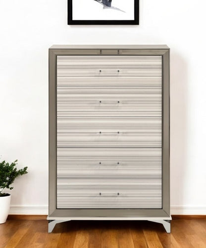 35" White And Silver Wood Five Drawer Dresser