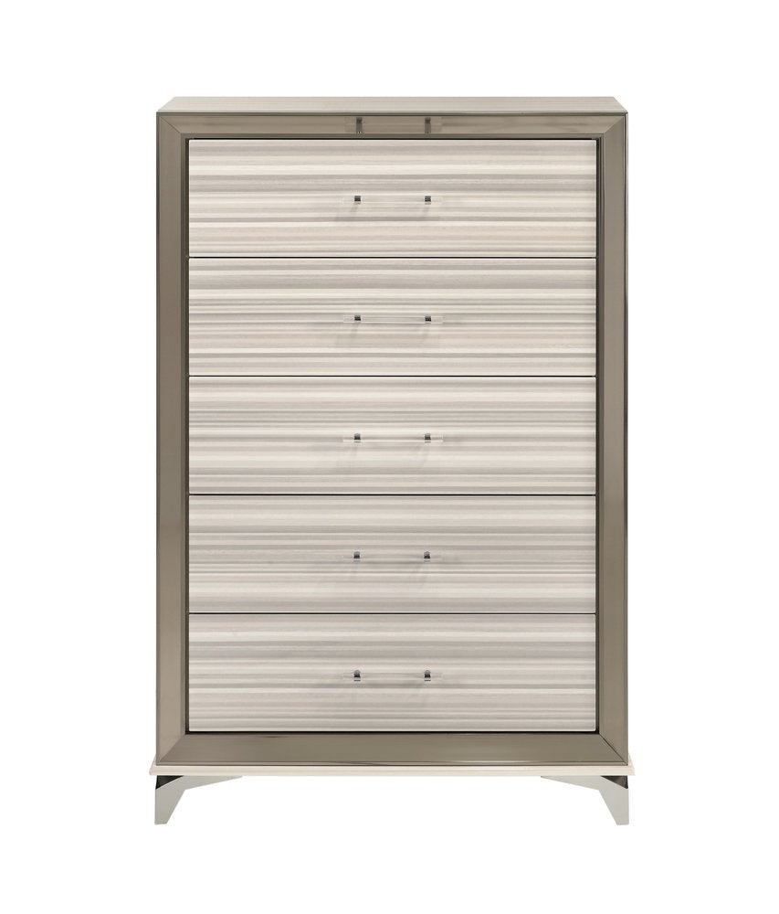 35" White And Silver Wood Five Drawer Dresser
