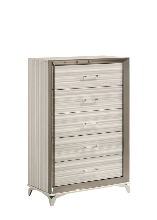 35" White And Silver Wood Five Drawer Dresser