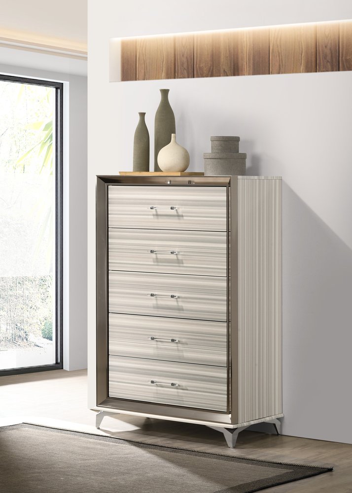 53" Beige And White Wood Lighted Five Drawer Dresser HomeRoots