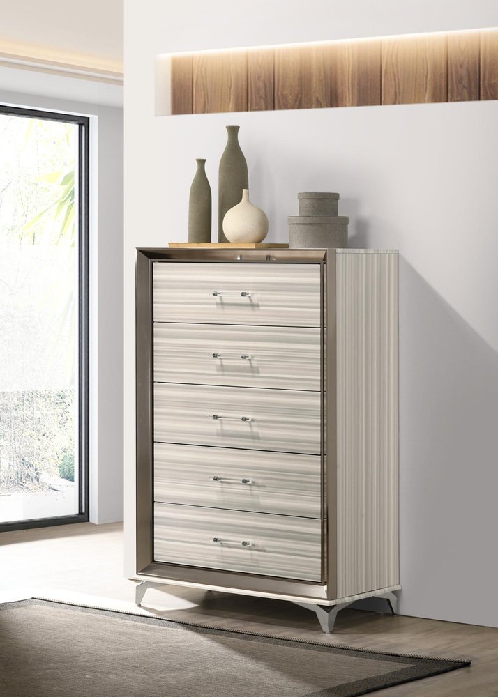 53" Beige And White Wood Lighted Five Drawer Dresser HomeRoots