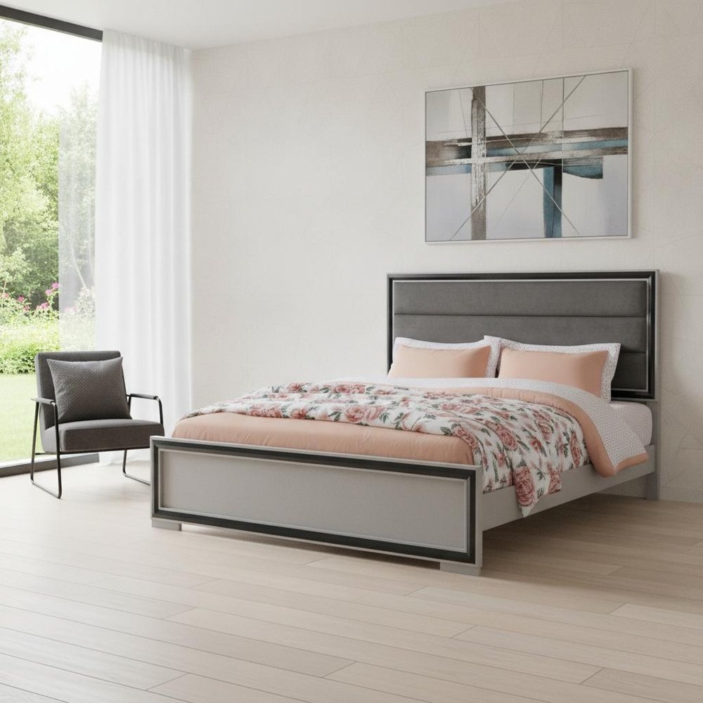 Gray Ribbed Texture Wood And Upholstery Queen Bed Frame HomeRoots