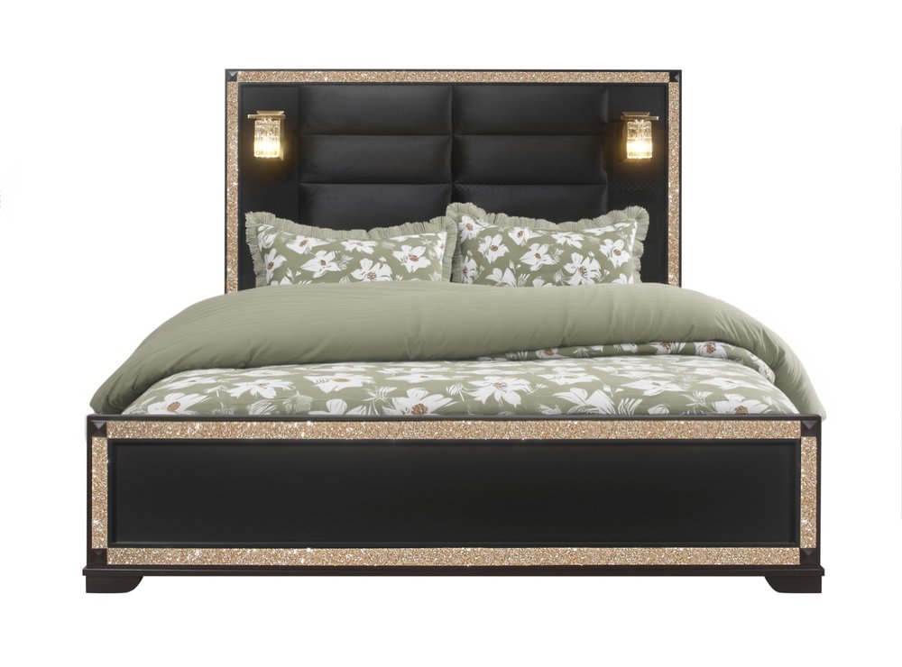 Black Faux Crystal Bling Wood And Upholstery Lighted King Bed Frame HomeRoots