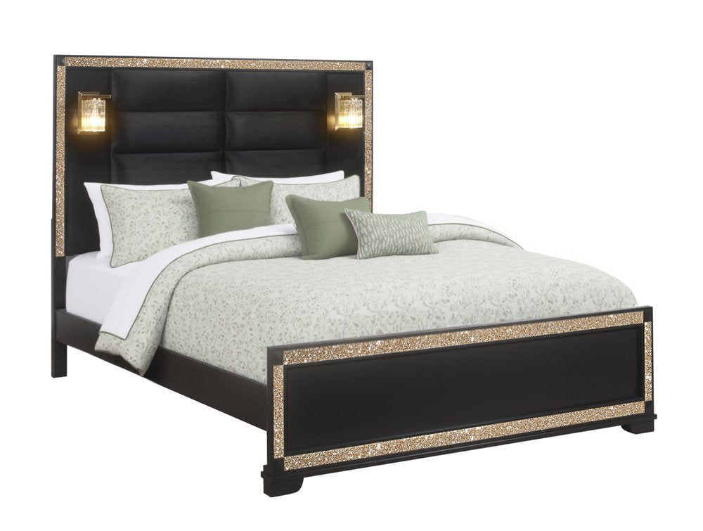 Black Faux Crystal Bling Wood And Upholstery Lighted King Bed Frame HomeRoots