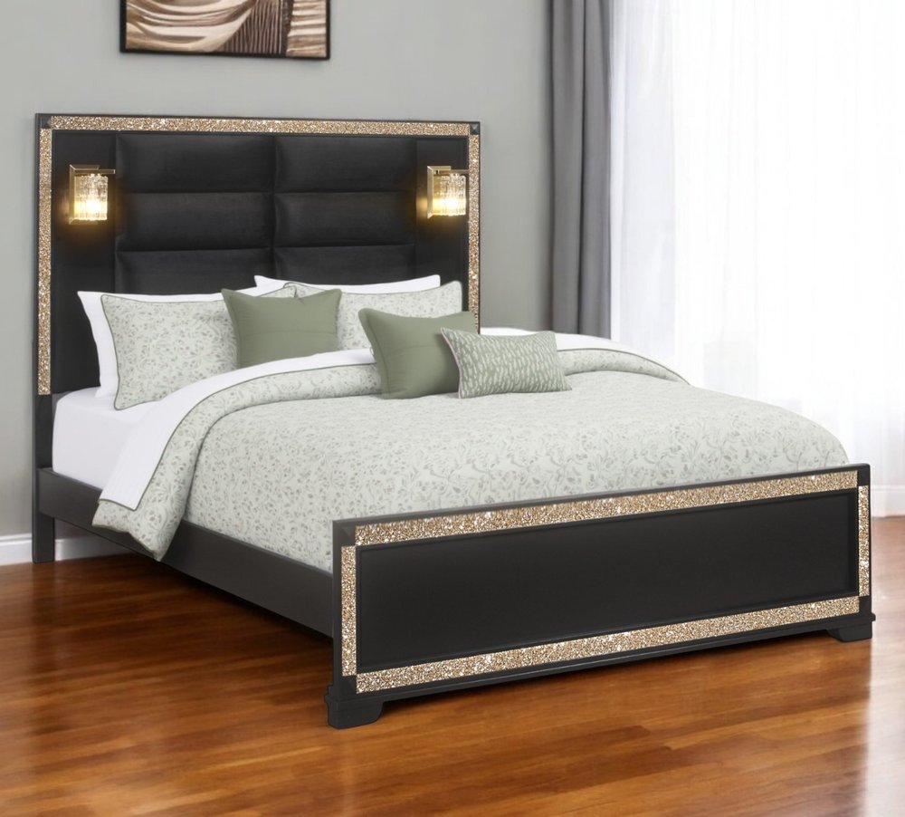 Black Faux Crystal Bling Wood And Upholstery Lighted King Bed Frame HomeRoots
