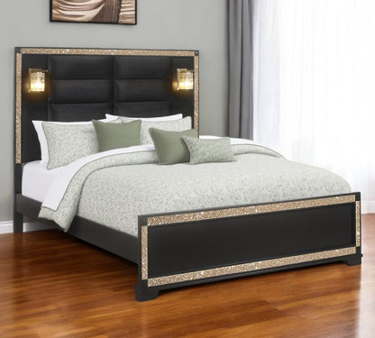 Black Faux Crystal Bling Wood And Upholstery Lighted King Bed Frame HomeRoots