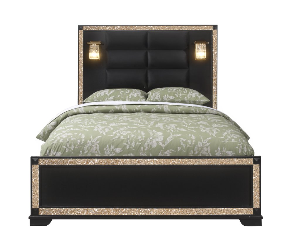 Black Faux Crystal Bling Wood And Upholstery Lighted Queen Bed Frame HomeRoots