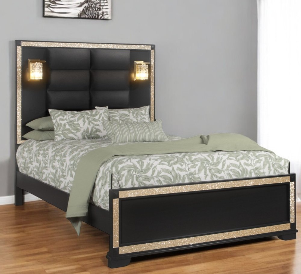 Black Faux Crystal Bling Wood And Upholstery Lighted Queen Bed Frame HomeRoots