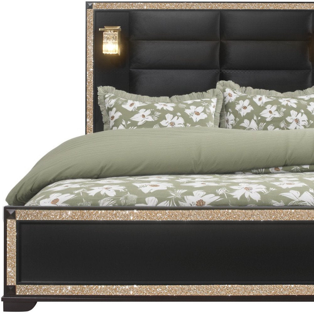 Black Faux Crystal Bling Wood And Upholstery Lighted Queen Bed Frame HomeRoots