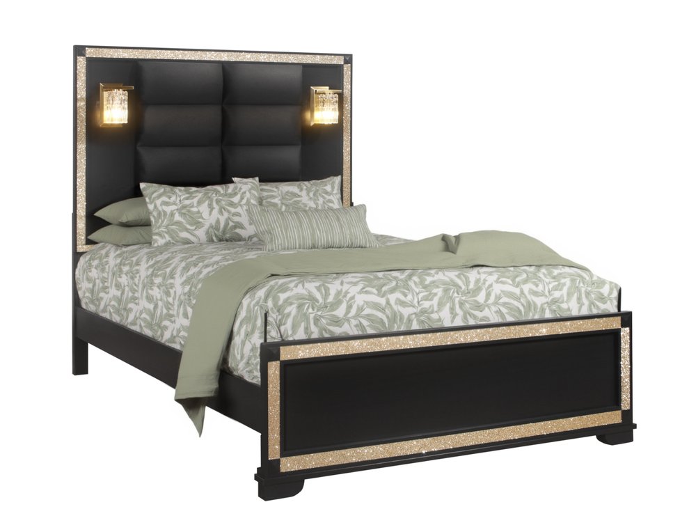 Black Faux Crystal Bling Wood And Upholstery Lighted Queen Bed Frame HomeRoots