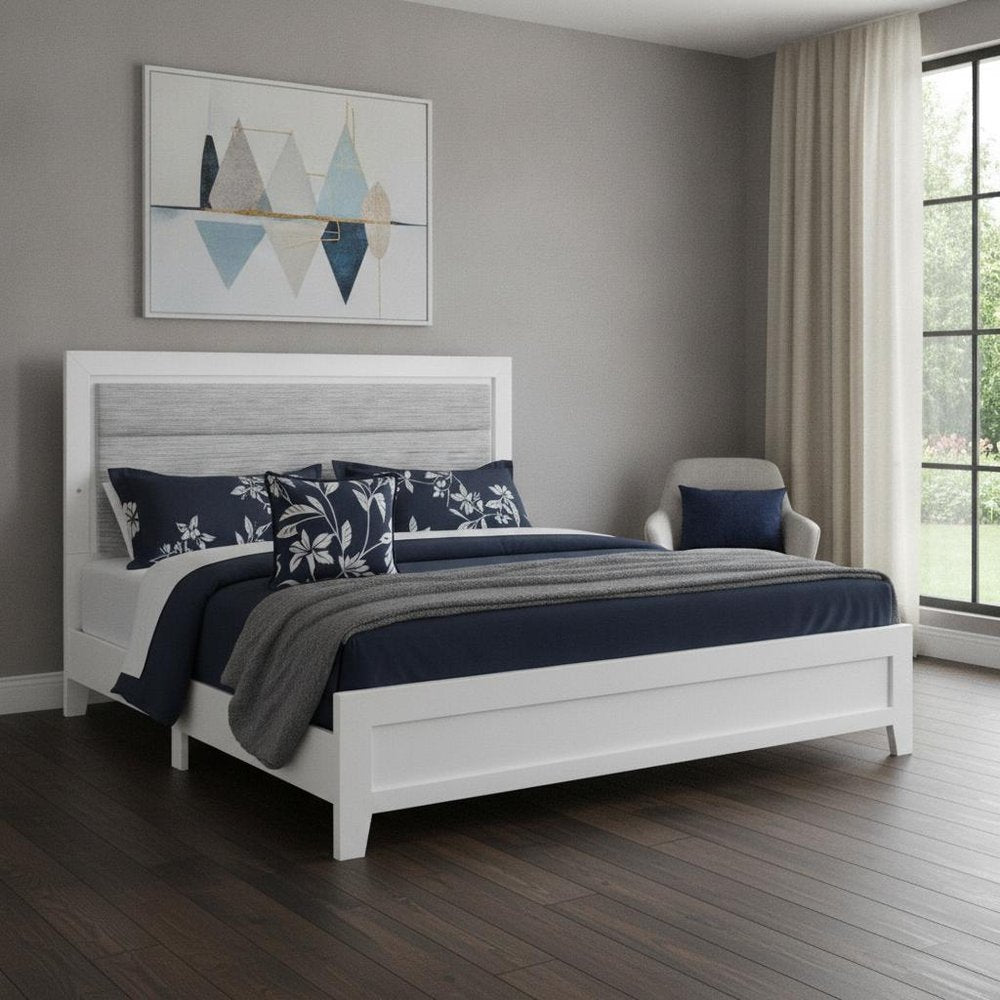 White and Light Gray Ribbed Texture Wood And Upholstery Lighted King Bed Frame HomeRoots