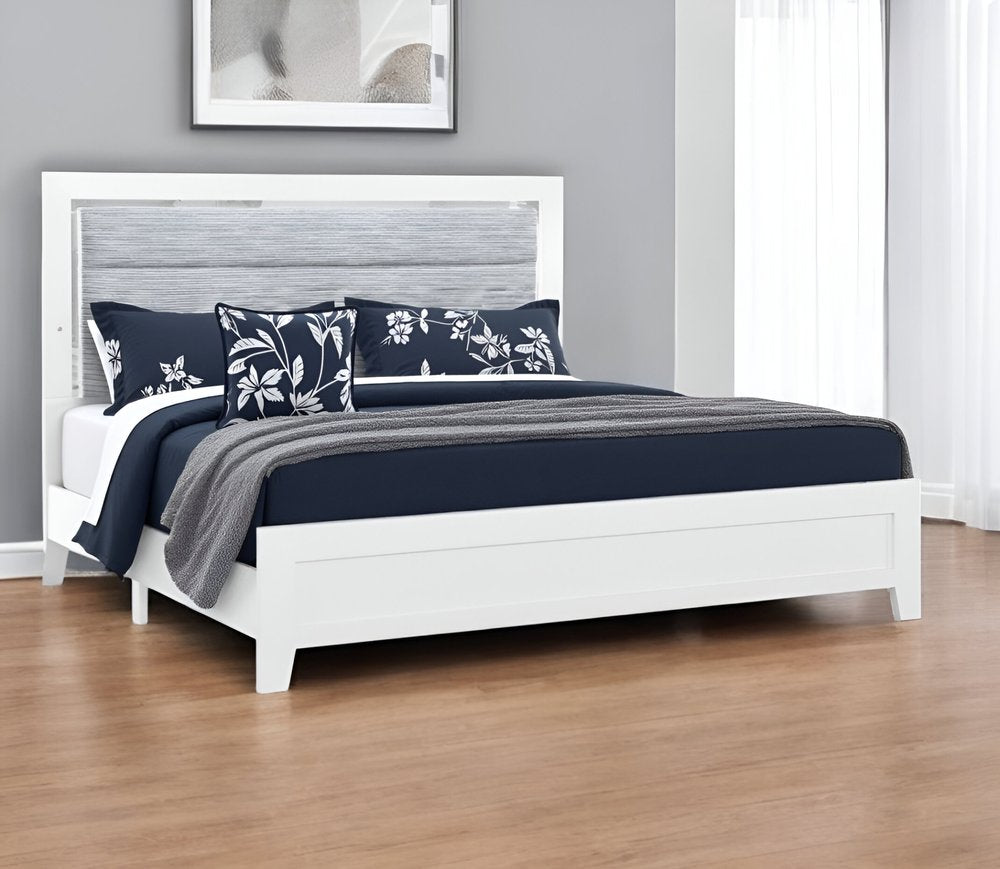 White and Light Gray Ribbed Texture Wood And Upholstery Lighted King Bed Frame HomeRoots