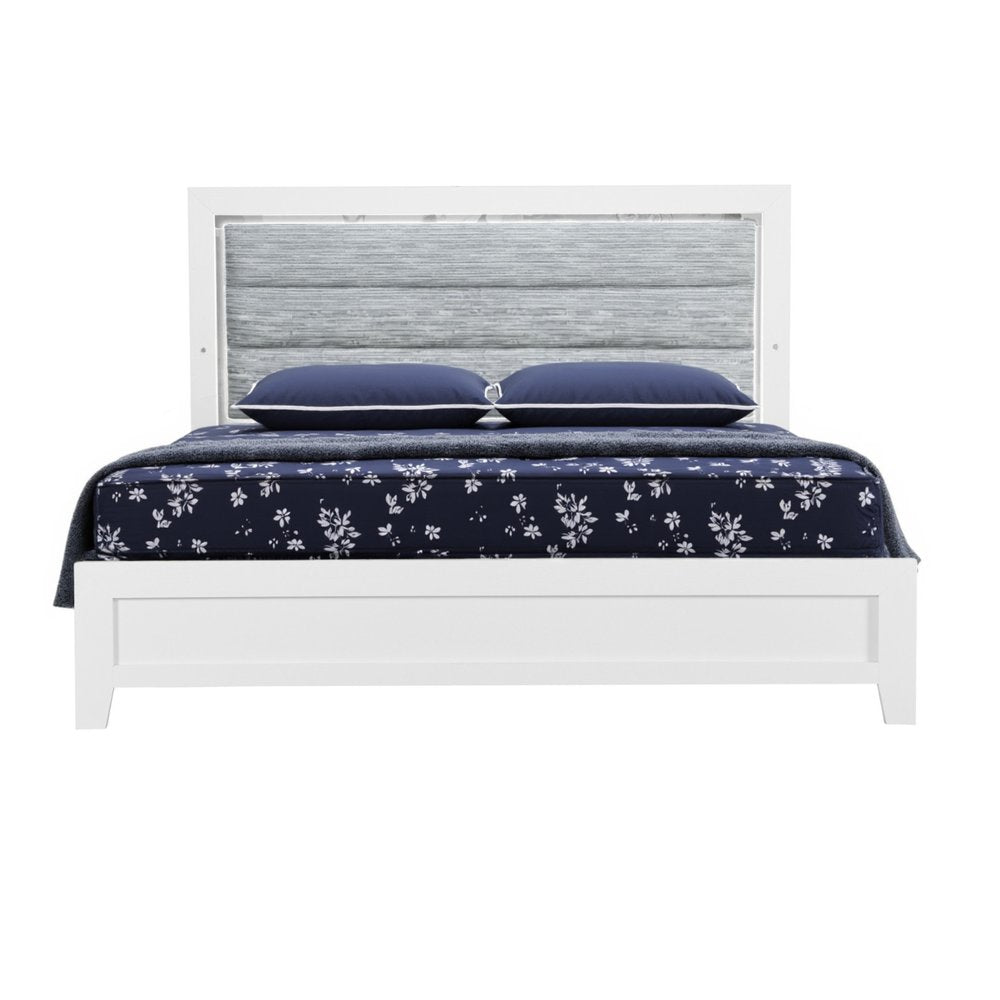White and Light Gray Ribbed Texture Wood And Upholstery Lighted Queen Bed Frame HomeRoots