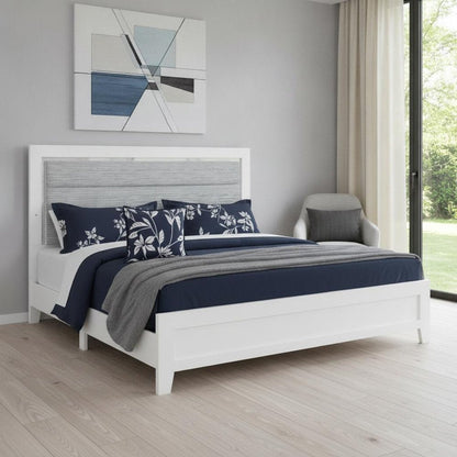 White and Light Gray Ribbed Texture Wood And Upholstery Lighted Queen Bed Frame HomeRoots