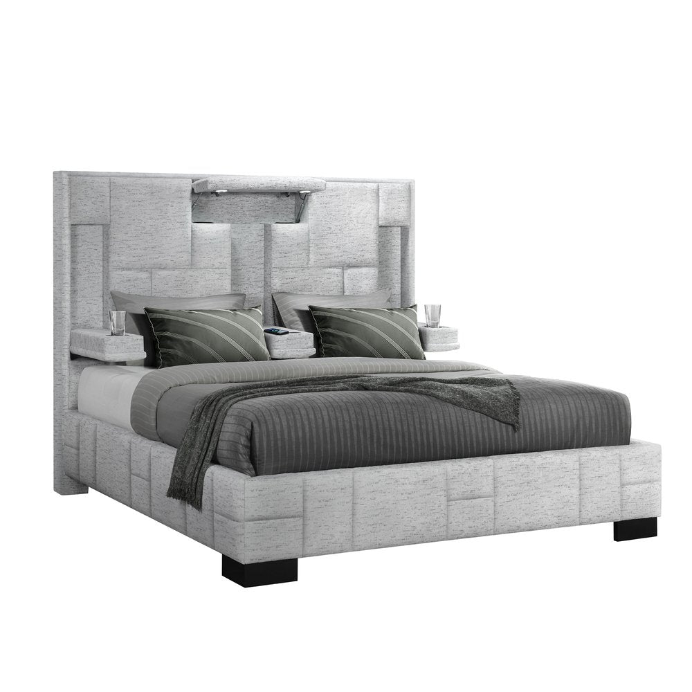 Gray Tufted Upholstery Lighted King Bed Frame HomeRoots
