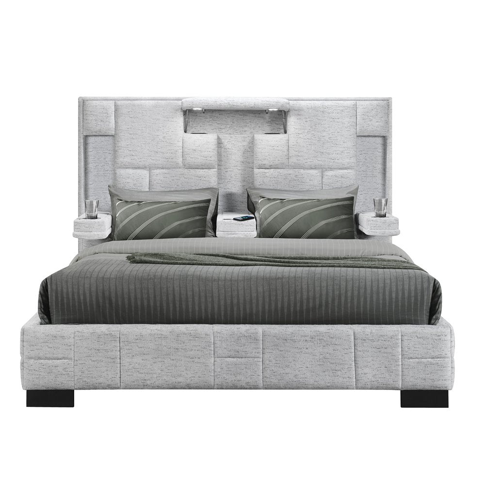 Gray Tufted Upholstery Lighted King Bed Frame HomeRoots