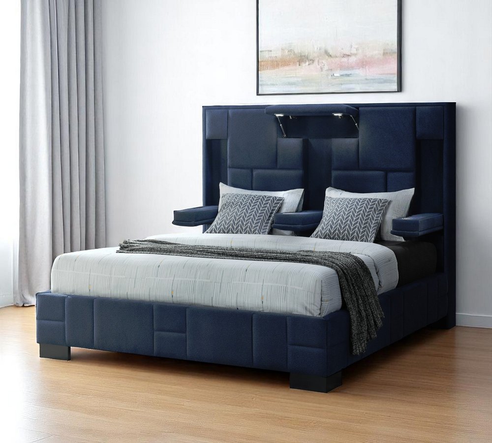 Navy Blue Tufted Upholstered Lighted King Bed Frame HomeRoots