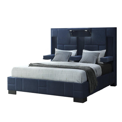 Navy Blue Tufted Upholstered Lighted King Bed Frame HomeRoots
