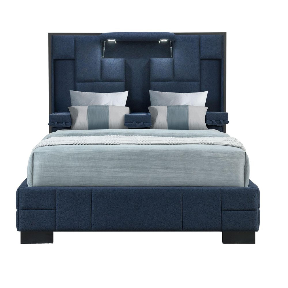 Navy Blue Tufted Upholstered Lighted King Bed Frame HomeRoots