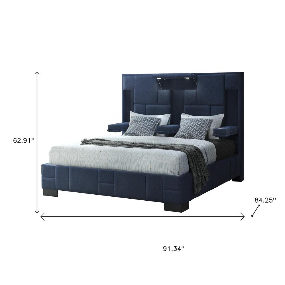 Navy Blue Tufted Upholstered Lighted King Bed Frame HomeRoots