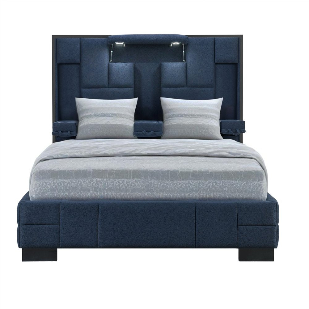 Navy Blue And Upholstered Lighted Queen Bed Frame with USB HomeRoots
