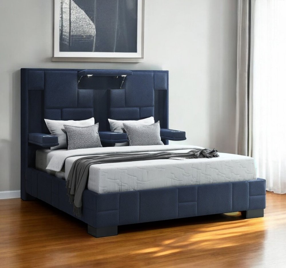 Navy Blue And Upholstered Lighted Queen Bed Frame with USB HomeRoots