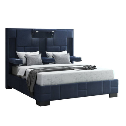 Navy Blue And Upholstered Lighted Queen Bed Frame with USB HomeRoots